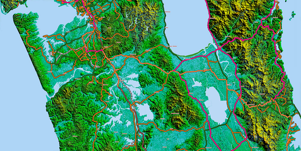New Zealand Relief and Roads Map Vector Exact High Detailed editable Print Size 690 x 990 mm Adobe Illustrator in layers