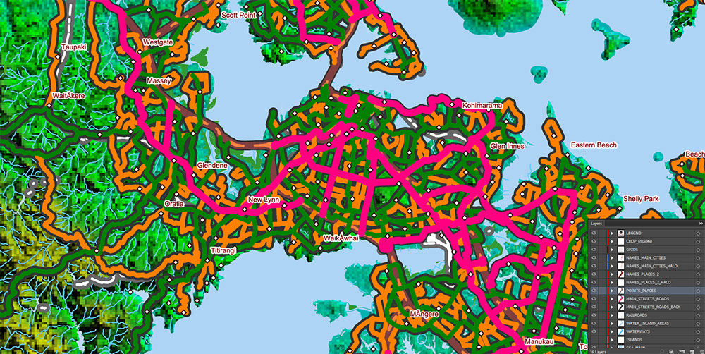 New Zealand Relief and Roads Map Vector Exact High Detailed editable Print Size 690 x 990 mm Adobe Illustrator in layers