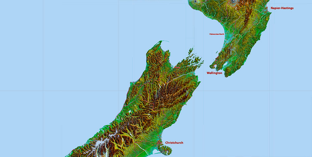 New Zealand Relief and Roads Map Vector Exact High Detailed editable Print Size 690 x 990 mm Adobe Illustrator in layers