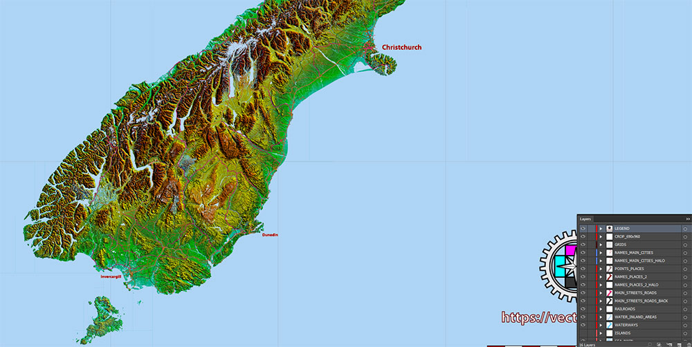 New Zealand Relief and Roads Map Vector Exact High Detailed editable Print Size 690 x 990 mm Adobe Illustrator in layers