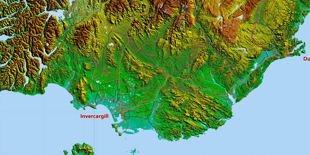 New Zealand Relief and Roads Map Vector Exact High Detailed editable Print Size 690 x 990 mm Adobe Illustrator in layers