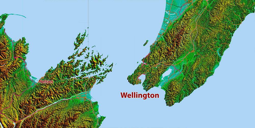 New Zealand Relief and Roads Map Vector Exact High Detailed editable Print Size 690 x 990 mm Adobe Illustrator in layers