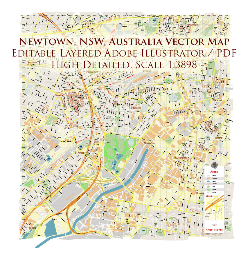 Newtown NSW Australia Map Vector Exact High Detailed Street Map editable Adobe Illustrator in layers