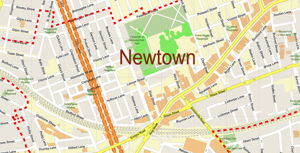 Newtown NSW Australia Map Vector Exact High Detailed Street Map editable Adobe Illustrator in layers