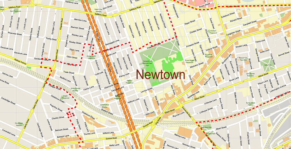 Newtown NSW Australia Map Vector Exact High Detailed Street Map editable Adobe Illustrator in layers