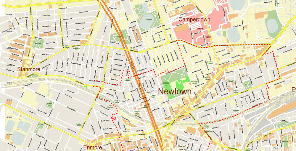 Newtown NSW Australia Map Vector Exact High Detailed Street Map editable Adobe Illustrator in layers