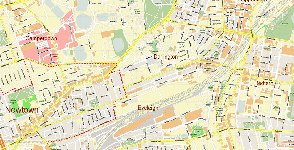 Newtown NSW Australia Map Vector Exact High Detailed Street Map editable Adobe Illustrator in layers