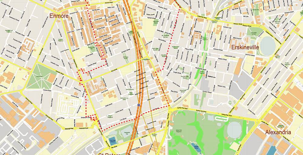 Newtown NSW Australia Map Vector Exact High Detailed Street Map editable Adobe Illustrator in layers