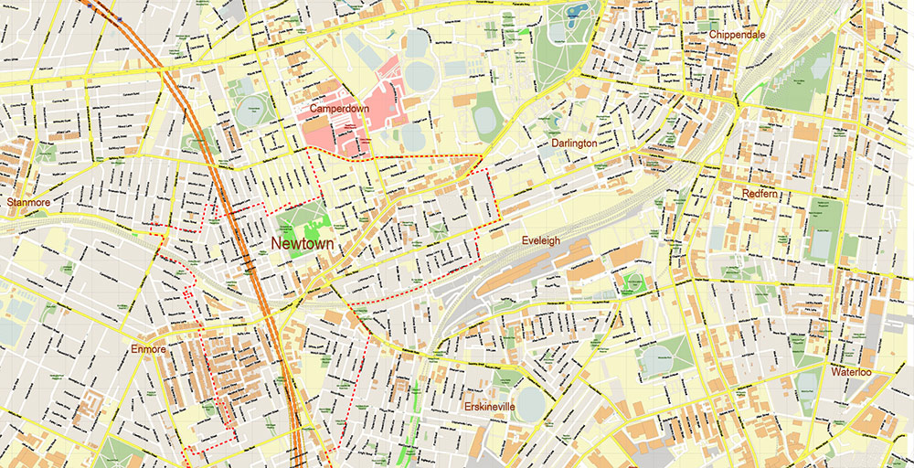 Newtown NSW Australia Map Vector Exact High Detailed Street Map editable Adobe Illustrator in layers