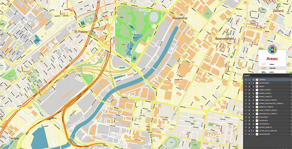 Newtown NSW Australia Map Vector Exact High Detailed Street Map editable Adobe Illustrator in layers