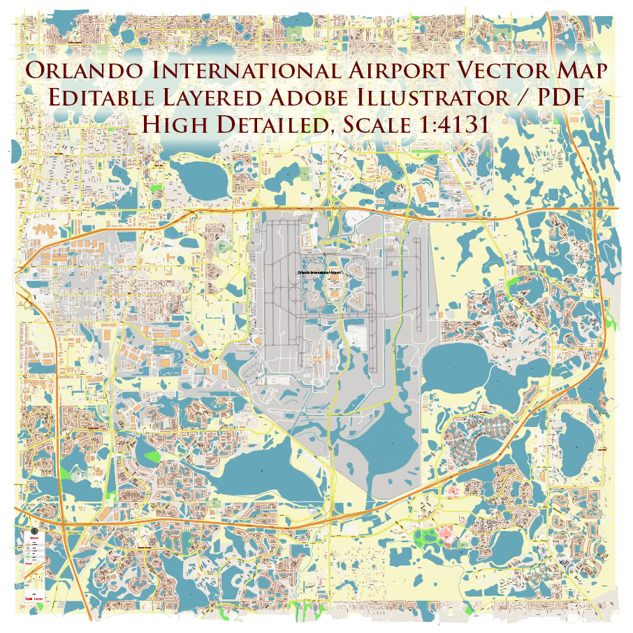 Orlando International Airport Map Vector Exact High Detailed Street Map editable Adobe Illustrator in layers