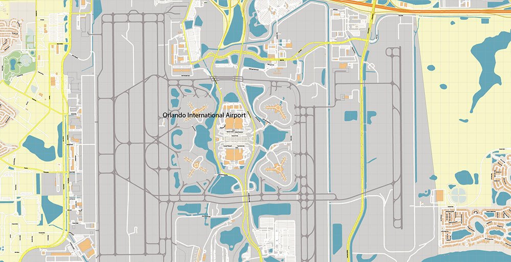 Orlando International Airport Map Vector Exact High Detailed Street Map editable Adobe Illustrator in layers