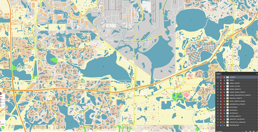 Orlando International Airport Map Vector Exact High Detailed Street Map editable Adobe Illustrator in layers
