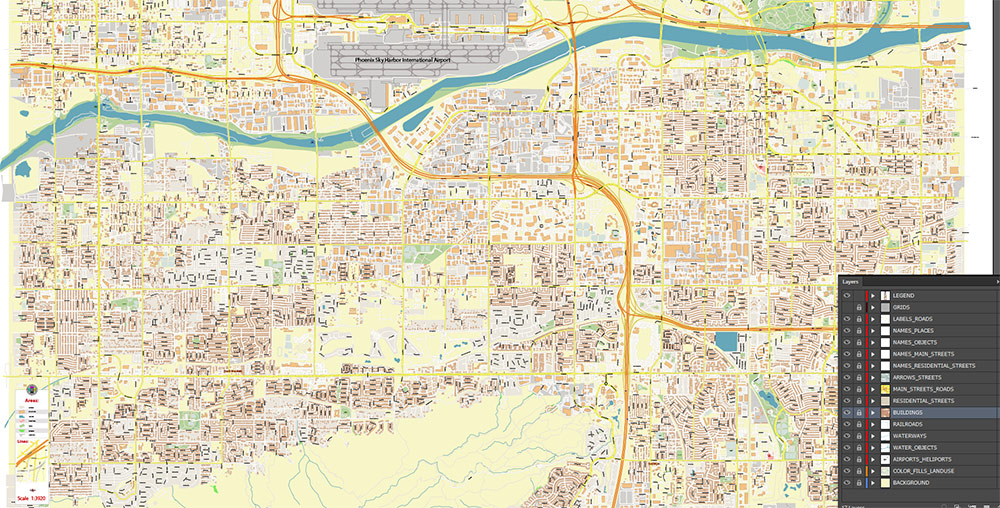 Phoenix Sky Harbor International Airport Map Vector Exact High Detailed Street Map editable Adobe Illustrator in layers