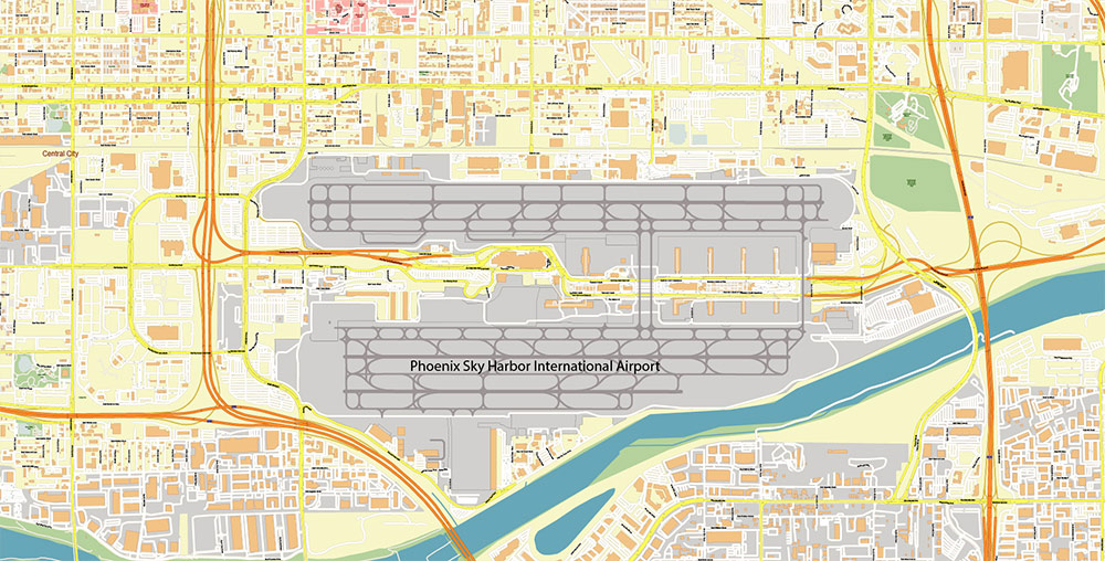Phoenix Sky Harbor International Airport Map Vector Exact High Detailed Street Map editable Adobe Illustrator in layers