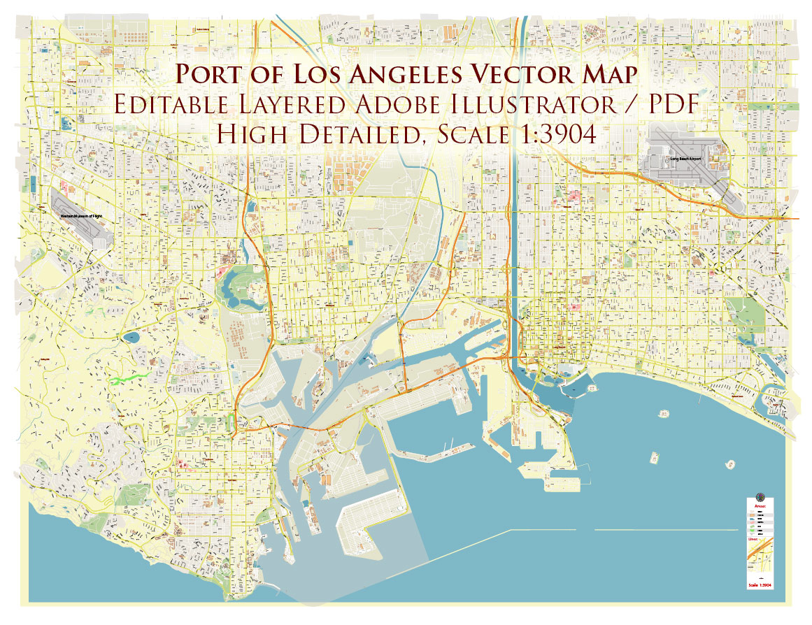 Port Los Angeles Map Vector Exact High Detailed Street Map editable Adobe Illustrator in layers