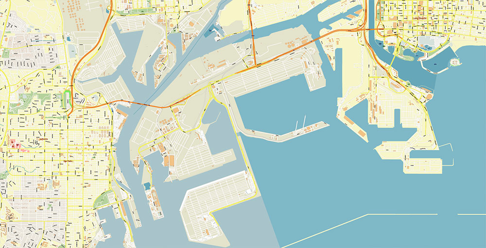 Port Los Angeles Map Vector Exact High Detailed Street Map editable Adobe Illustrator in layers