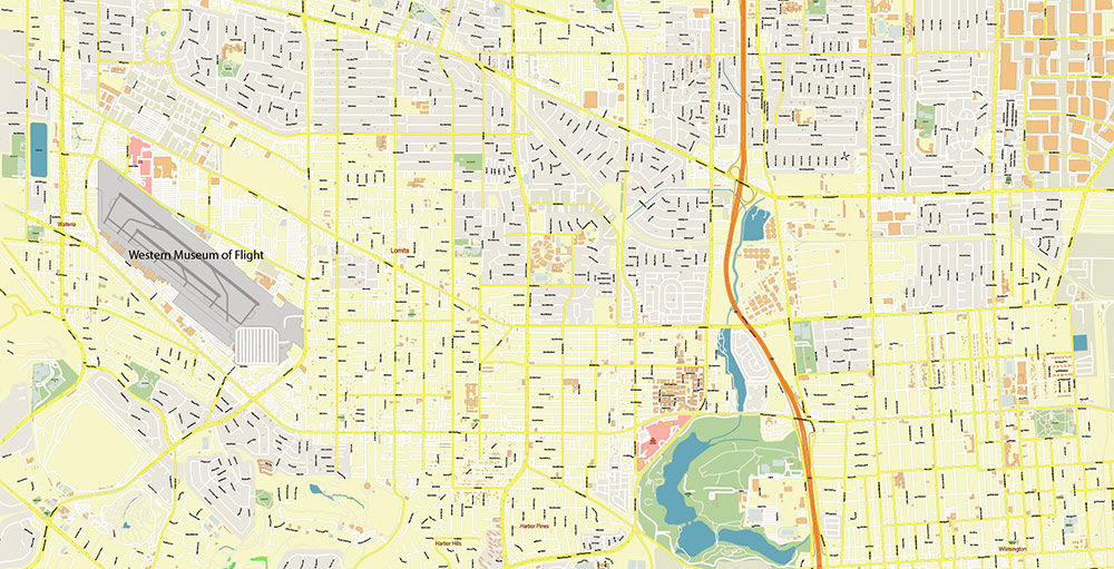 Port Los Angeles Map Vector Exact High Detailed Street Map editable Adobe Illustrator in layers