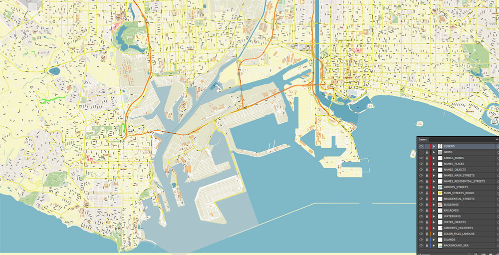 Port Los Angeles Map Vector Exact High Detailed Street Map editable Adobe Illustrator in layers