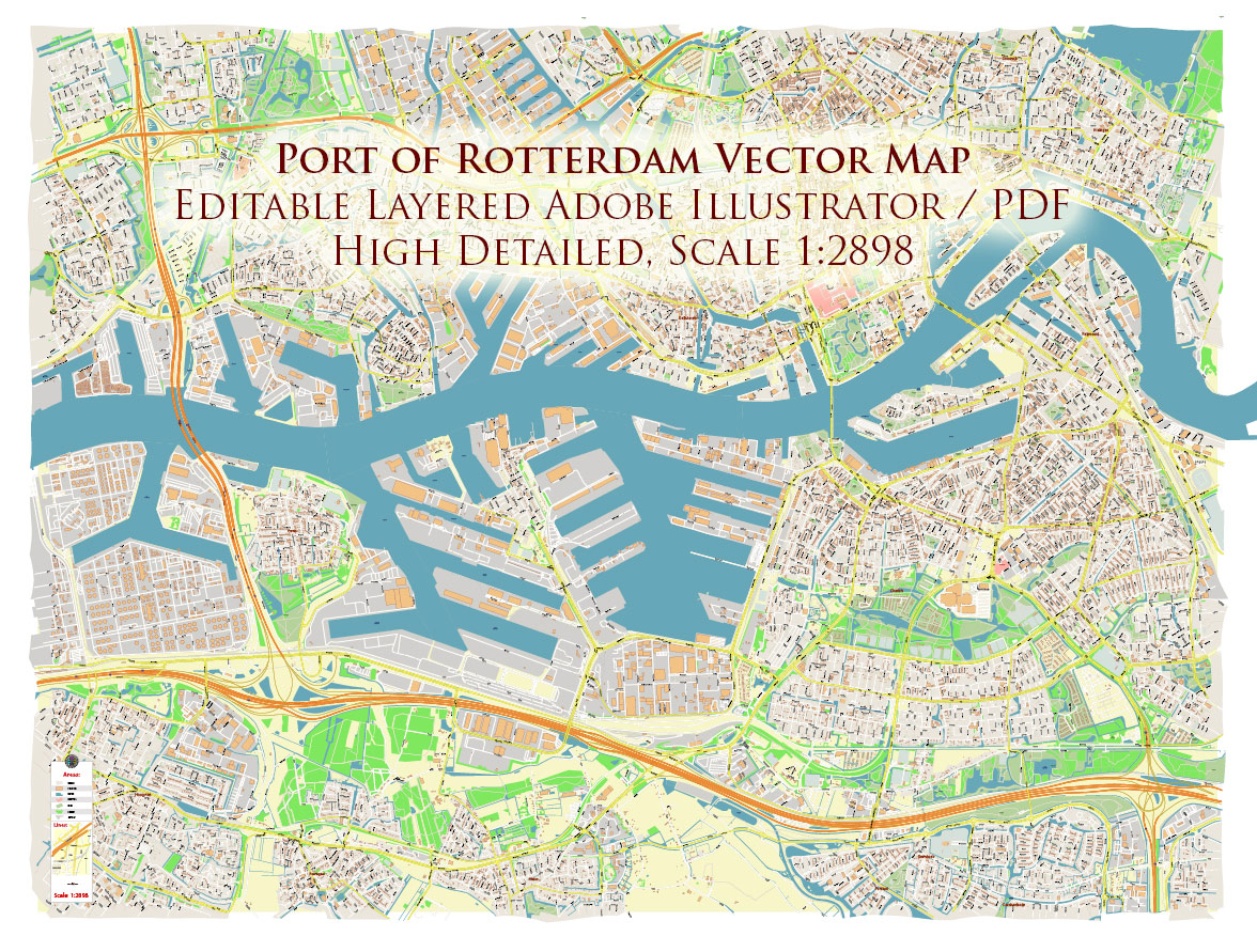 Port Rotterdam Map Vector Exact High Detailed Street Map editable Adobe Illustrator in layers