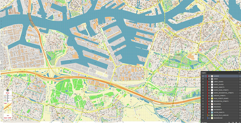 Port Rotterdam Map Vector Exact High Detailed Street Map editable Adobe Illustrator in layers