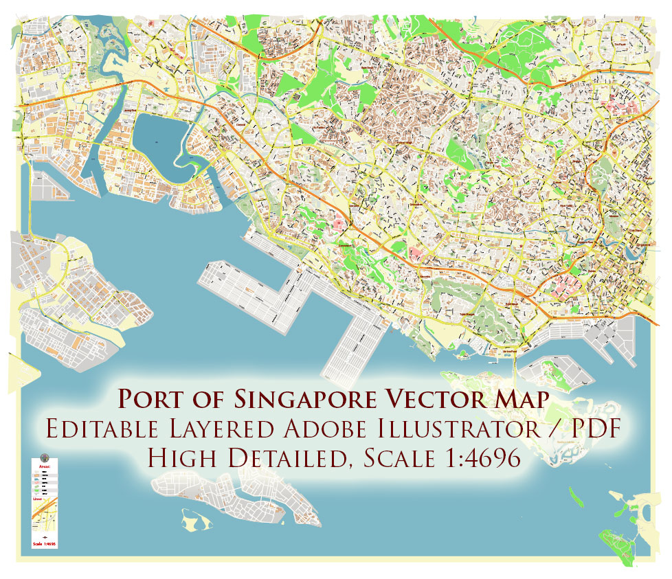 Port Singapore Map Vector Exact High Detailed Street Map editable Adobe Illustrator in layers