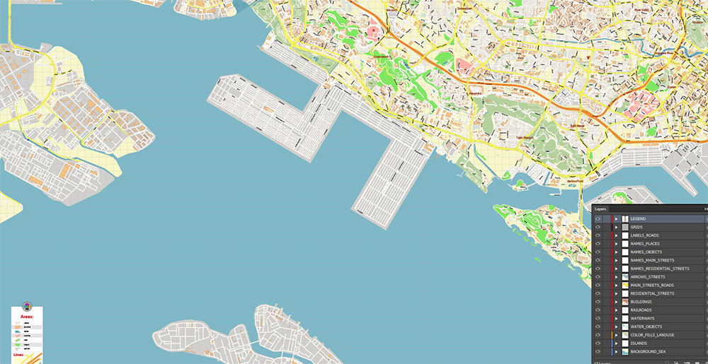 Port Singapore Map Vector Exact High Detailed Street Map editable Adobe Illustrator in layers