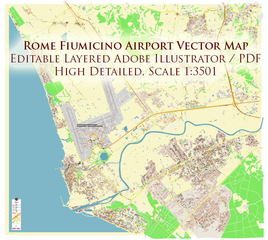 Rome Fiumicino Airport Map Vector Exact High Detailed Street Map editable Adobe Illustrator in layers