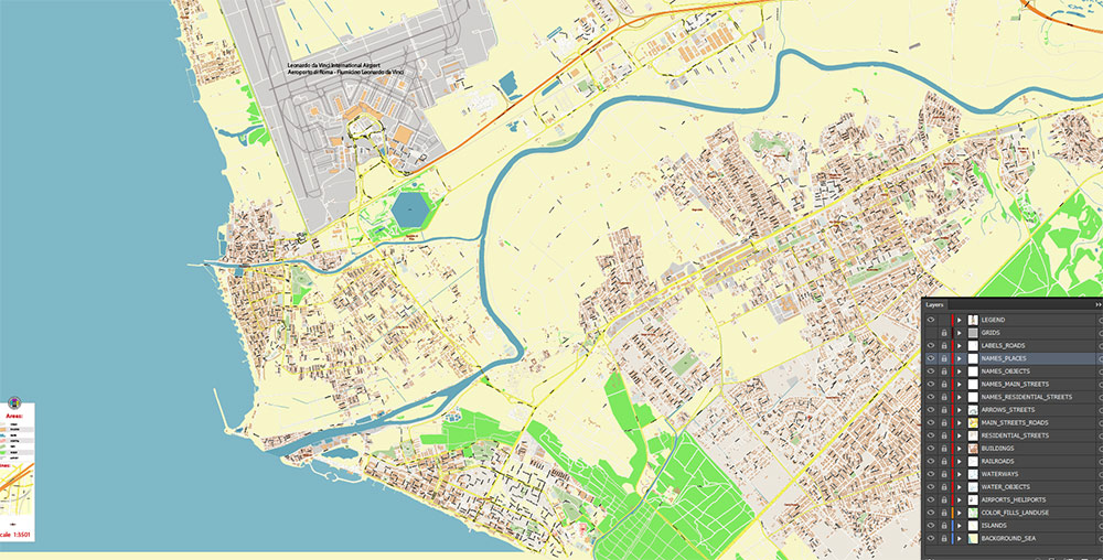 Rome Fiumicino Airport Map Vector Exact High Detailed Street Map editable Adobe Illustrator in layers