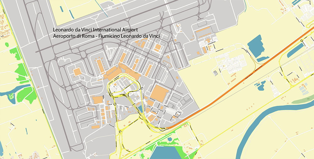 Rome Fiumicino Airport Map Vector Exact High Detailed Street Map editable Adobe Illustrator in layers