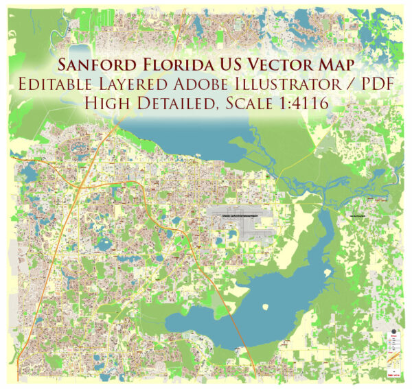 Sanford Florida USA Map Vector Exact High Detailed Street Map editable Adobe Illustrator in layers Sanford Florida USA Map Vector Exact High Detailed Street Map editable Adobe Illustrator in layers