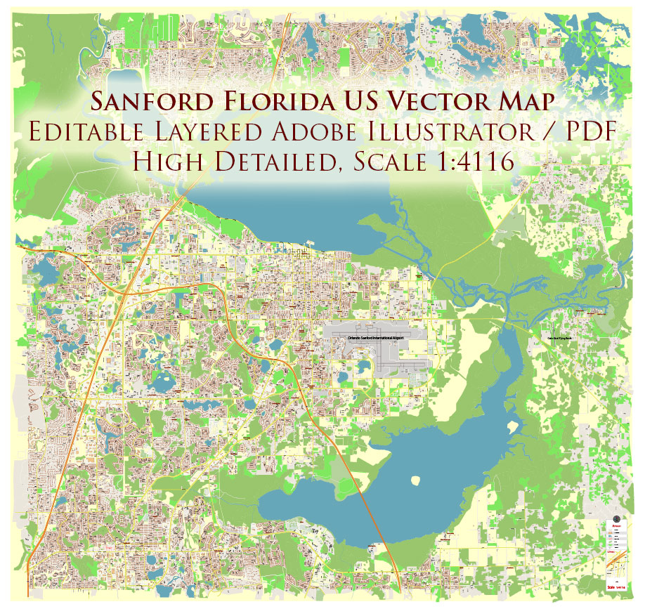 Sanford Florida USA Map Vector Exact High Detailed Street Map editable Adobe Illustrator in layers