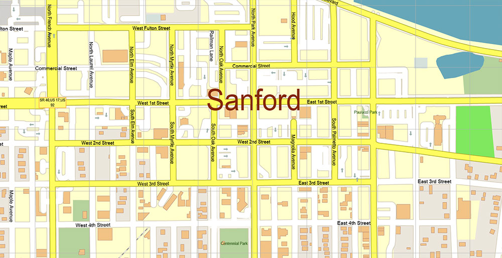 Sanford Florida USA Map Vector Exact High Detailed Street Map editable Adobe Illustrator in layers
