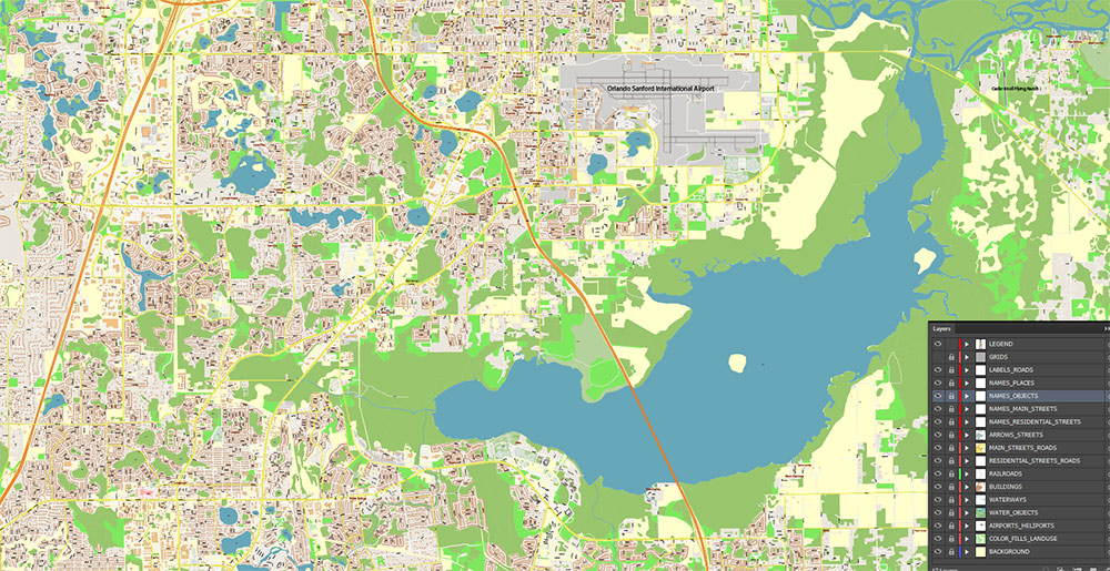 Sanford Florida USA Map Vector Exact High Detailed Street Map editable Adobe Illustrator in layers