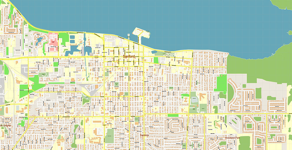 Sanford Florida USA Map Vector Exact High Detailed Street Map editable Adobe Illustrator in layers