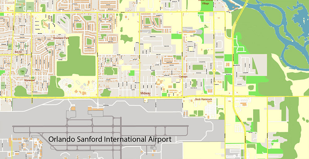 Sanford Florida USA Map Vector Exact High Detailed Street Map editable Adobe Illustrator in layers