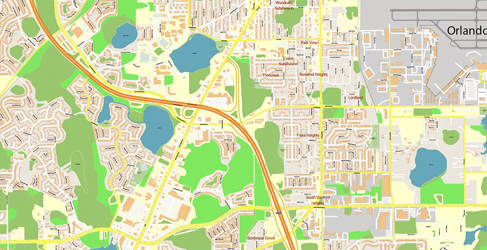 Sanford Florida USA Map Vector Exact High Detailed Street Map editable Adobe Illustrator in layers