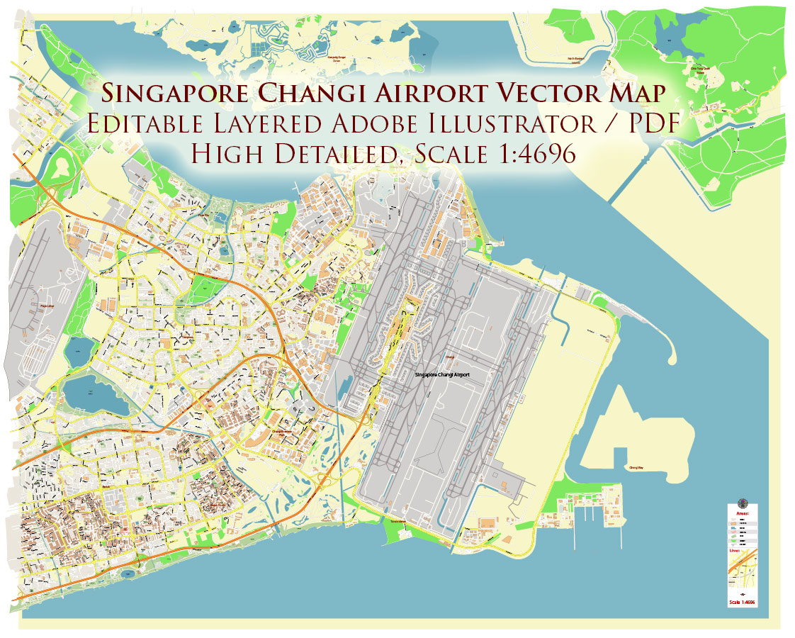 Singapore Changi International Airport Map Vector Exact High Detailed Street Map editable Adobe Illustrator in layers