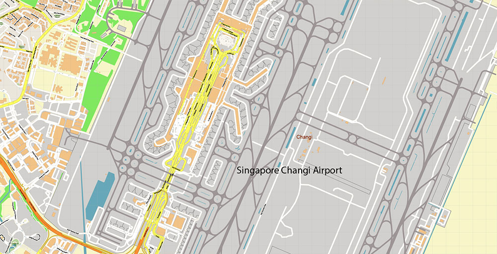 Singapore Changi International Airport Map Vector Exact High Detailed Street Map editable Adobe Illustrator in layers