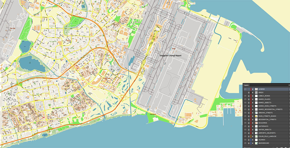 Singapore Changi International Airport Map Vector Exact High Detailed Street Map editable Adobe Illustrator in layers