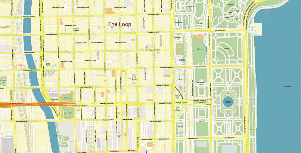 The Loop Chicago CBD Map Vector Exact High Detailed Street Map editable Adobe Illustrator in layers