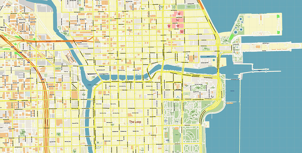 The Loop Chicago CBD Map Vector Exact High Detailed Street Map editable Adobe Illustrator in layers