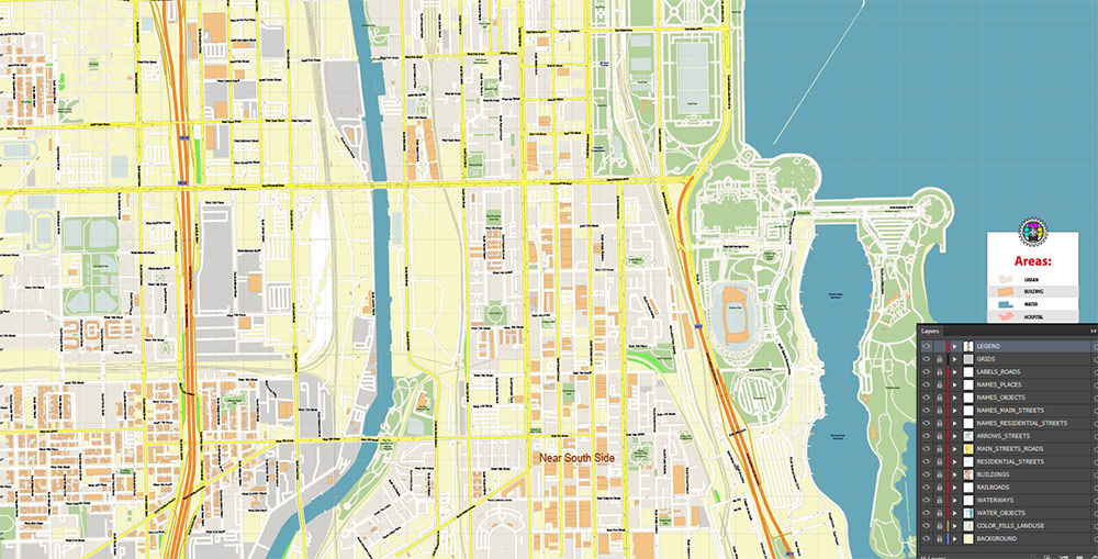 The Loop Chicago CBD Map Vector Exact High Detailed Street Map editable Adobe Illustrator in layers