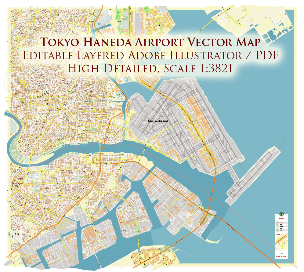 Tokyo Haneda International Airport Map Vector Exact High Detailed Street Map editable Adobe Illustrator in layers