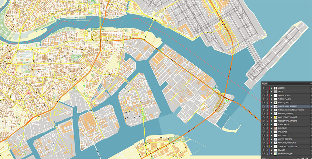 Tokyo Haneda International Airport Map Vector Exact High Detailed Street Map editable Adobe Illustrator in layers