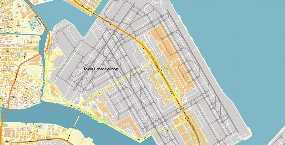 Tokyo Haneda International Airport Map Vector Exact High Detailed Street Map editable Adobe Illustrator in layers