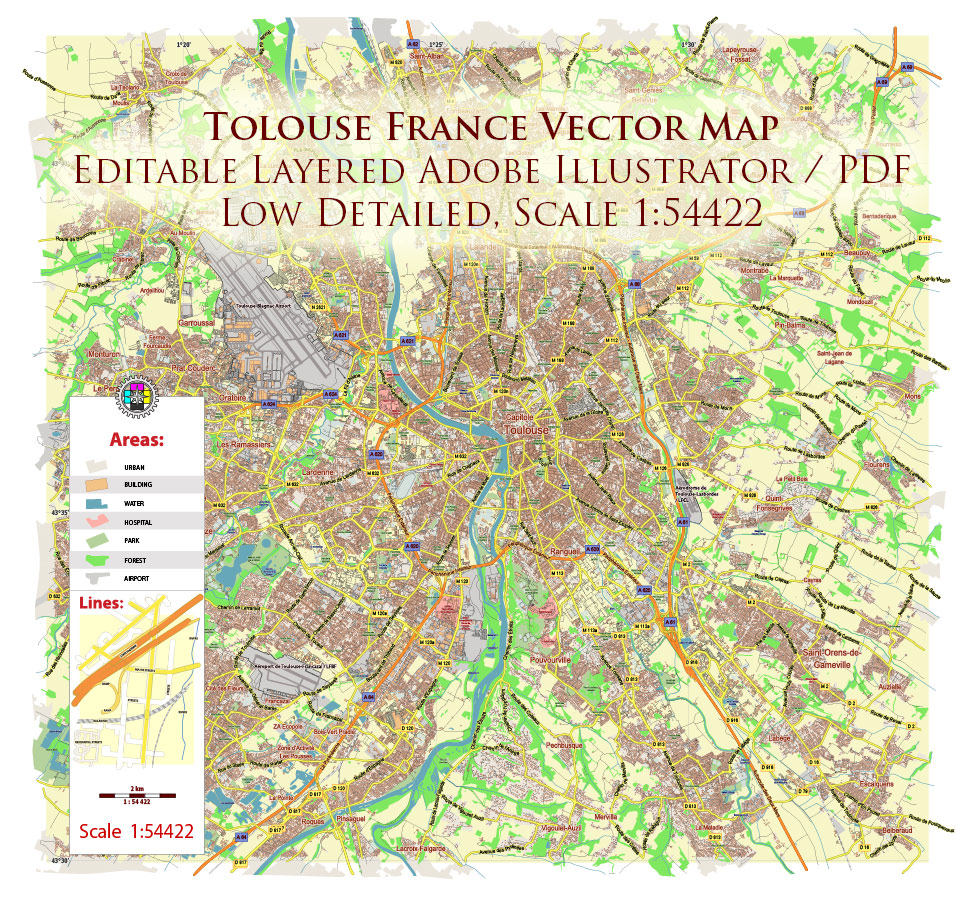 Toulouse France Map Vector Exact Low Detailed Street Map editable Adobe Illustrator in layers Toulouse France Map Vector Exact Low Detailed Street Map editable Adobe Illustrator in layers