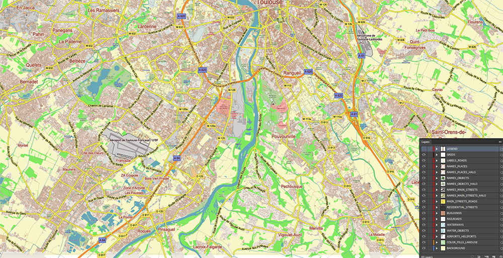 Toulouse France Map Vector Exact Low Detailed Street Map editable Adobe Illustrator in layers Toulouse France Map Vector Exact Low Detailed Street Map editable Adobe Illustrator in layers