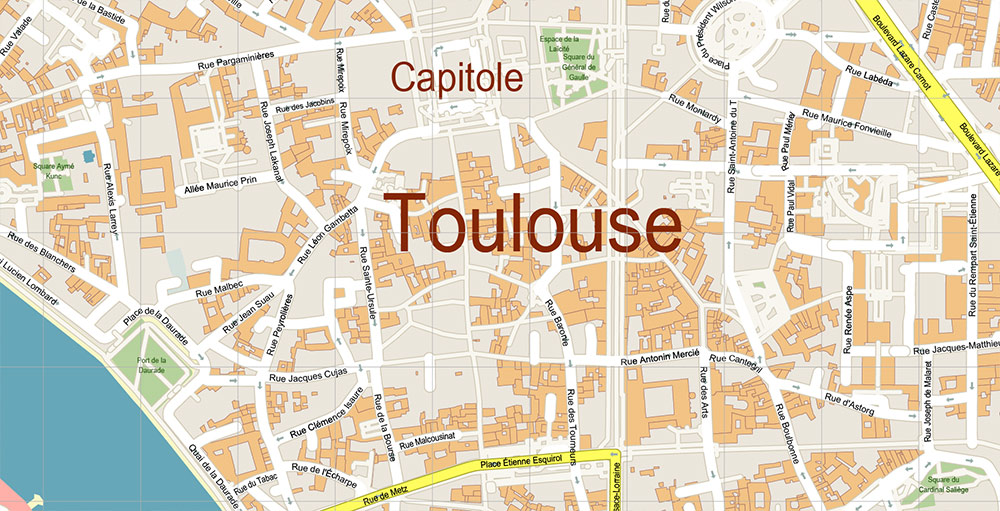 Toulouse France Map Vector Exact High Detailed Street Map editable Adobe Illustrator in layers