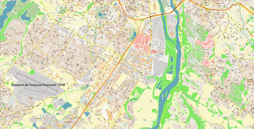 Toulouse France Map Vector Exact High Detailed Street Map editable Adobe Illustrator in layers